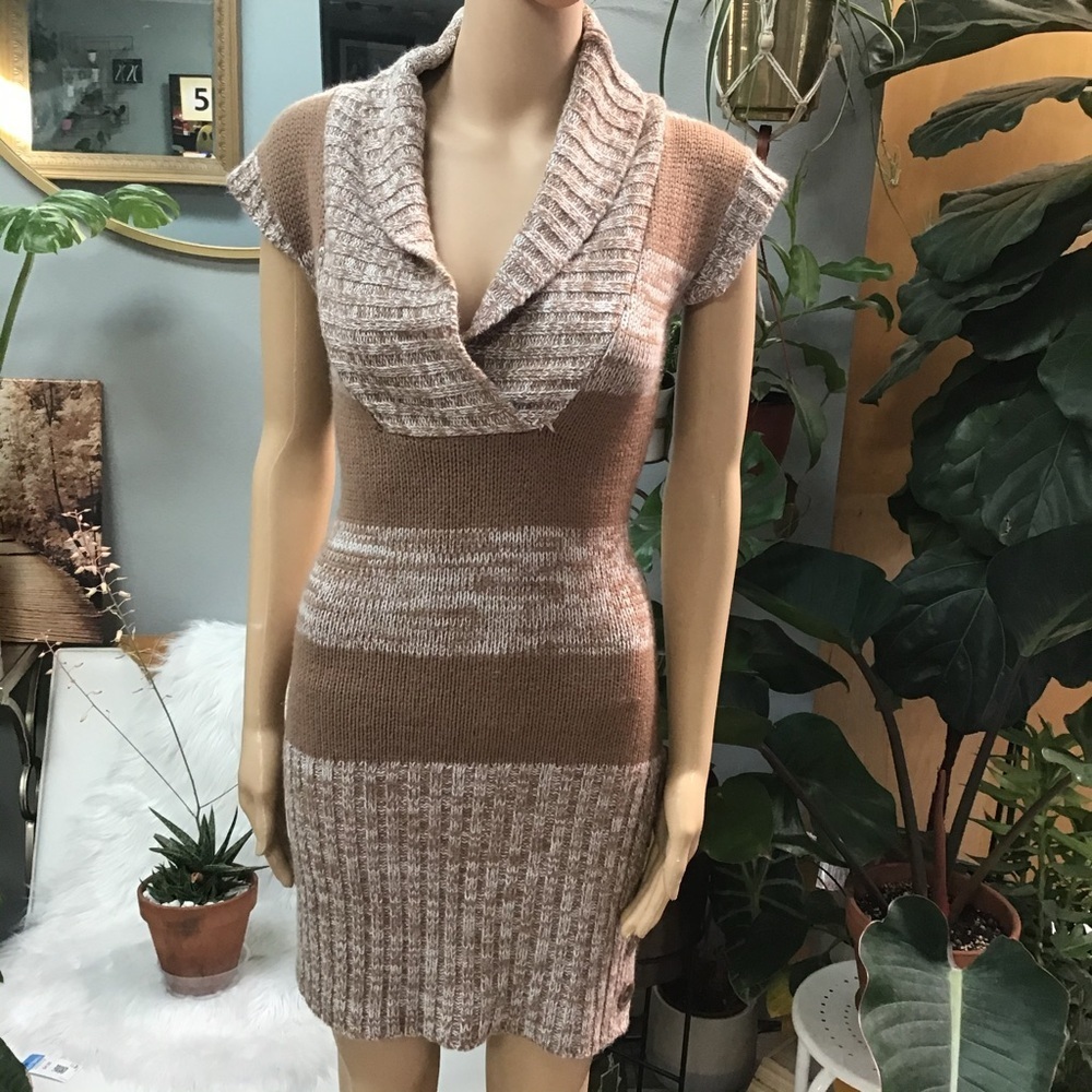 Knit Sweater Dress in Camel & Heathered Cream